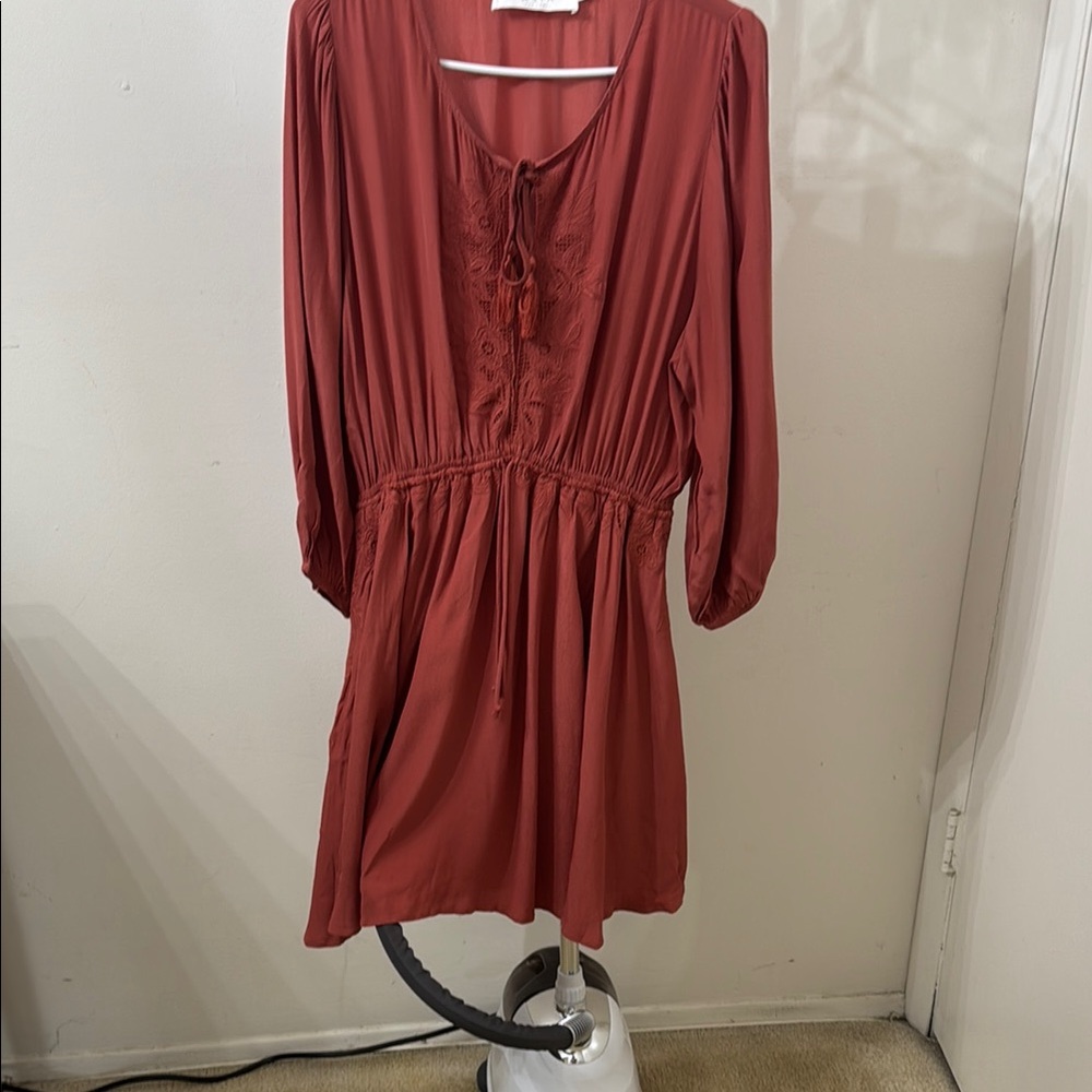 Astr Brown and Red Casual Long Sleeve Sundress